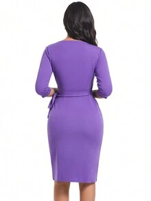Fall And Winter Violet Purple Casual Elegant Work Twist Bodycon Party Dress Midi Women Dresses