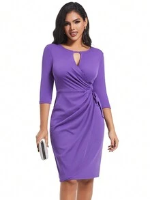 Fall And Winter Violet Purple Casual Elegant Work Twist Bodycon Party Dress Midi Women Dresses