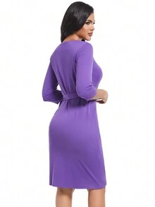 Fall And Winter Violet Purple Casual Elegant Work Twist Bodycon Party Dress Midi Women Dresses
