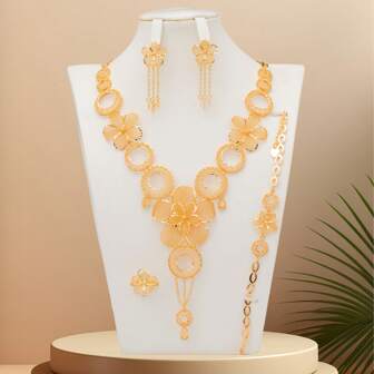 5-Piece Set Of Three-Dimensional Flower-Shaped Copper Material, 18K Gold-Plated + Champagne Gold Protective Layer, Gold-Color Jewelry, French Romantic And Elegant, Dubai Bride Accessories, Wedding Season, Thanksgiving, Gift Set For Mother, Wife, Sister To Convey Blessings.
