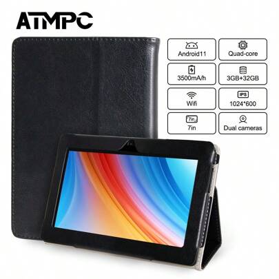  ATMPC 701A 7英寸安卓14平板电脑，配备4GB DDR（2GB+2GB）内存、32GB ROM、3500mAh电池、四核处理器、7英寸1024x600 IPS屏幕、3000万像素前置摄像头、200万像素后置摄像头，支持2.4G Wi-Fi 6，适用于PC和平板电脑。