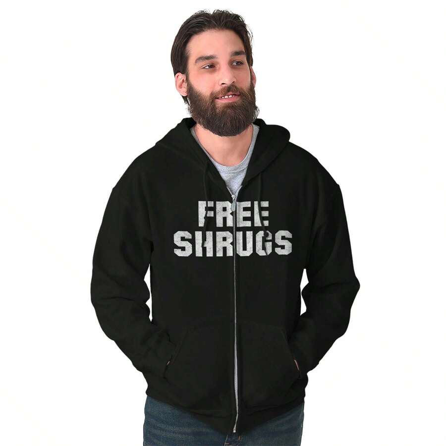 Free Shrugs Sarcastic Antisocial Gym Zip Up Hoodie Mens Womens - 黑色 - 查看 1