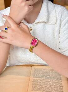 1 件女士新款时尚金色手链手表，复古奢华简约优雅石英手表 - 玫紅色 - 查看 6