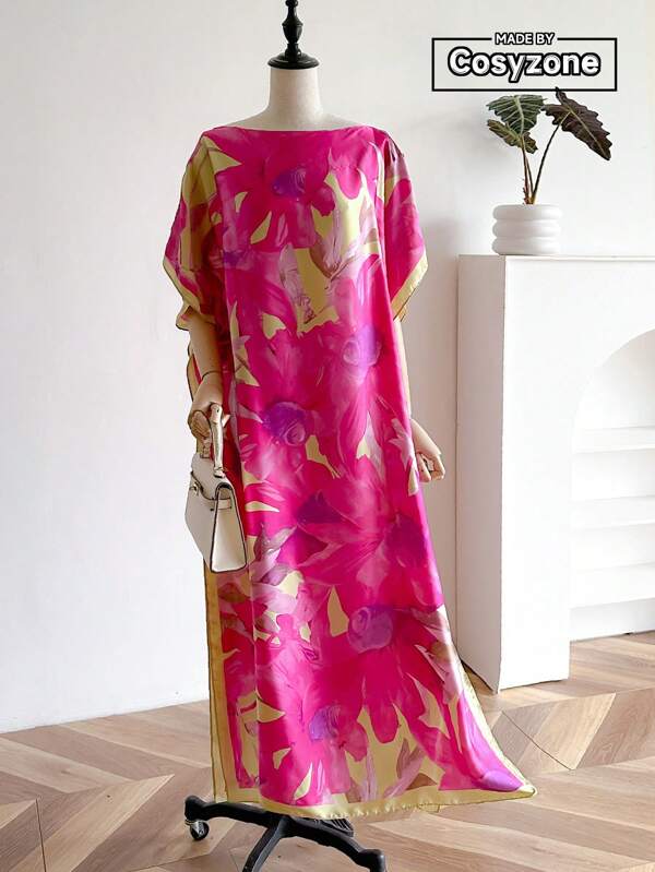 1 pieza Cárdigan tipo kaftan de mujer con estampado floral de seda sintética, protector solar para la playa en verano
