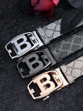 caivektine 1 pieza Cinturón de hombre 2024 con nueva letra, hebilla automática de aleación con letra B, correa de cuero genuino con estampado clásico, cinturón casual de moda para hombres, fácil de combinar con ropa formal