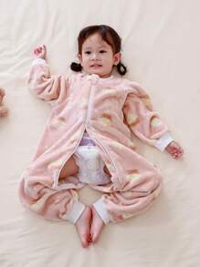 婴幼儿宝宝法兰绒分腿睡袋秋冬季蓬松羊毛长袖舒适柔软连体睡衣爱心情人节