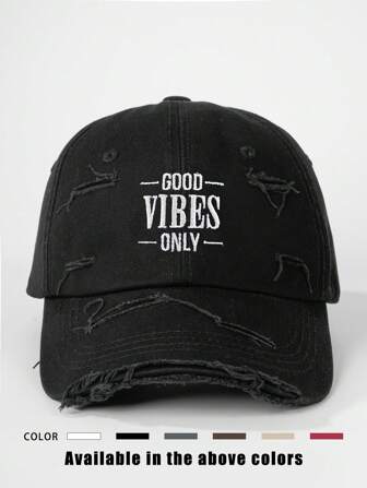 1pc Embroidered "Good Vibes Only" Distressed Baseball Cap, Adjustable Outdoor Sun Hat For Spring, Fall, Travel, Beach, Suitable For Youth, Y2K Style