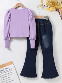 Conjunto de 2 peças: blusa casual roxa elegante para meninas + calças jeans escuras com detalhes em arco