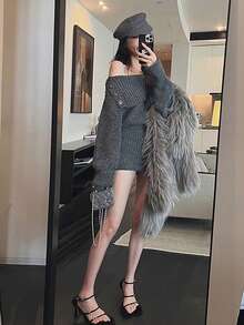 Women Off Shoulder Turtleneck Long Sleeve Bodycon Sweater Dress, Autumn/Winter