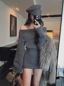 Women Off Shoulder Turtleneck Long Sleeve Bodycon Sweater Dress, Autumn/Winter