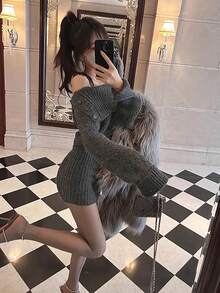 Women Off Shoulder Turtleneck Long Sleeve Bodycon Sweater Dress, Autumn/Winter