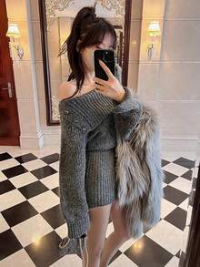 Women Off Shoulder Turtleneck Long Sleeve Bodycon Sweater Dress, Autumn/Winter
