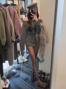 Women Off Shoulder Turtleneck Long Sleeve Bodycon Sweater Dress, Autumn/Winter