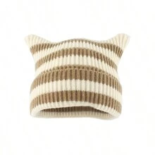 女士钩针帽子 可爱 卡哇伊 猫耳帽 复古条纹针织骷髅帽 - 條紋 - 查看 10