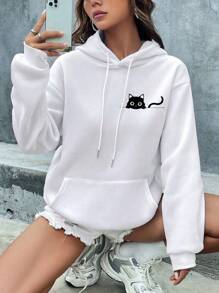 CHIEREGATO OUTLET Women's Sweatshirt Winter Cold Blouse Kangaroo Moletom Cute Cat Print Blouse - 白色 - 查看 1