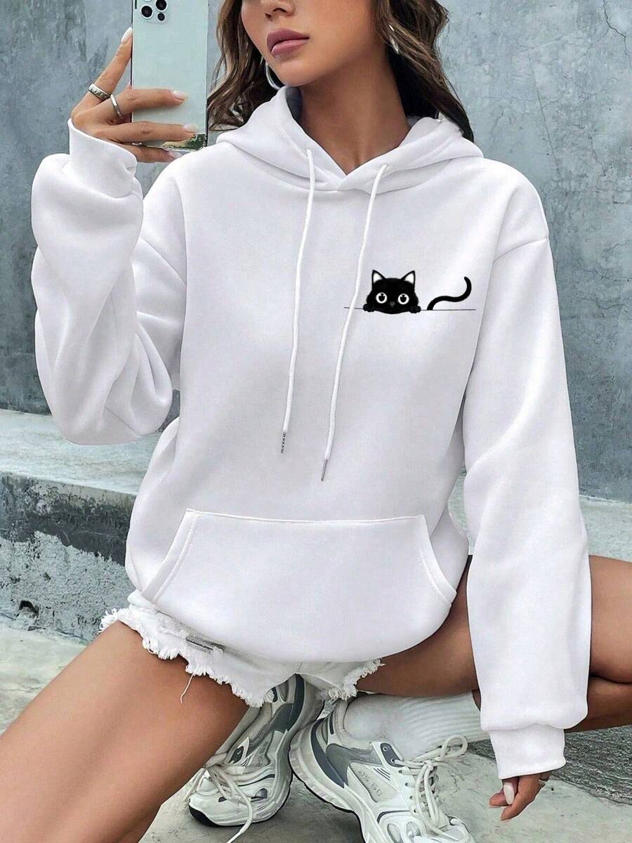 CHIEREGATO OUTLET Women's Sweatshirt Winter Cold Blouse Kangaroo Moletom Cute Cat Print Blouse - 白色 - 查看 1