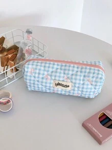 1 pieza Estuche de lápices con lazo y estampado a cuadros, estilo fresco, diseño coreano de vuelta a la escuela, útiles escolares, estuche de lápices, mochila escolar