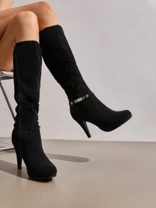 Women's Knee High Platform Heel Boots - màu đen - Xem 3