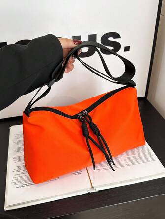1pc Summer New Orange High-Quality Soft Nylon Material Zipper Closure Fashionable Braided Rope Decoration Simple And Lightweight, Suitable For Women's Daily Commuting, Shopping, Outdoor Sports, Holidays, Business Trips And Travel, High-Quality Leisure Style Fashion Style Creative Women's Crossbody Bag