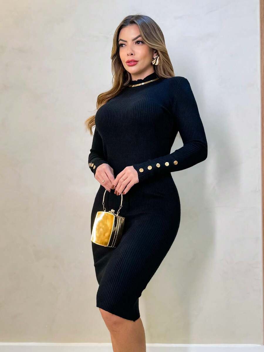 Women's Ribbed Knit Modal Long Sleeve Dress With Buttons/BM977 - màu đen - Xem 1