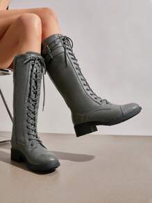 Women's Knee High Riding Combat Boots Side Zipper Motorcycle Boots For Outdoor Casual - Xám - Xem 2