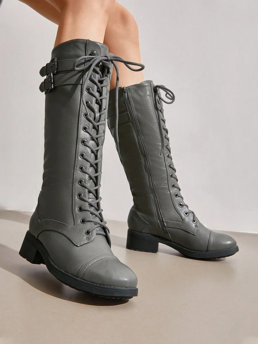 Women's Knee High Riding Combat Boots Side Zipper Motorcycle Boots For Outdoor Casual - Xám - Xem 1