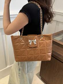 Bolsa de Ombro com Zíper de Corrente e Acolchoado de Cor Sólida Elegante