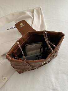 Bolsa de Ombro com Zíper de Corrente e Acolchoado de Cor Sólida Elegante