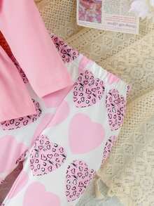 Baby Girl Ruffle Hem Top With Bow Decoration Long Sleeve And Pink Heart Print Pants Set - Pink - View 6