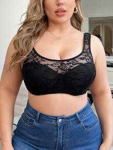 大码花卉蕾丝裹胸文胸 - 黑色 - 查看 1
