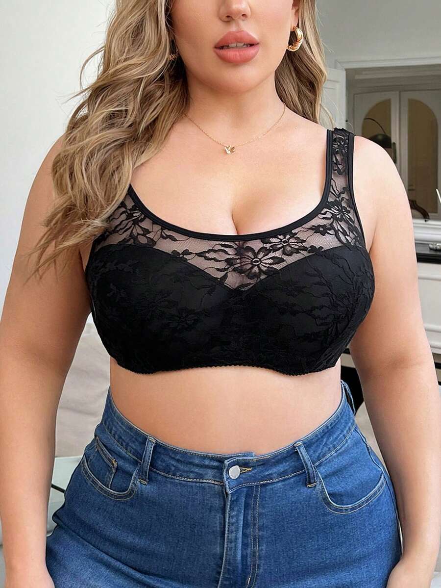 大码花卉蕾丝裹胸文胸 - 黑色 - 查看 1