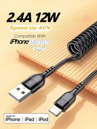 BinBoom USB 转闪电线，汽车用 USB 线 - 快速充电器线 USB 充电器线 短 USB 充电线 可扩展弹簧线 iPhone 线适用于 IPhone14/13/12/11 Pro Max/IPad/CarPlay