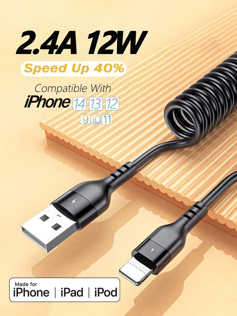 BinBoom USB 转闪电线,汽车用 USB 线 - 快速充电器线 USB 充电器线 短 USB 充电线 可扩展弹簧线 iPhone 线适用于 IPhone14/13/12/11 Pro Max/IPad/CarPlay - 彩色 - 查看 1