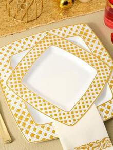 10pcs 7.5"/10.25" Square Diamond Design Plastic Plates With Gold/Silver Rim, For Hotel/Wedding Dinnerware - Multicolor - View 7