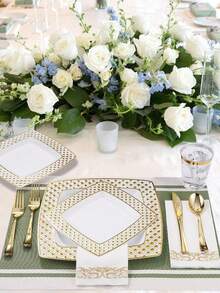 10pcs 7.5"/10.25" Square Diamond Design Plastic Plates With Gold/Silver Rim, For Hotel/Wedding Dinnerware - Multicolor - View 1