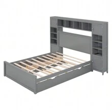 DlandHome 94'' Wood Bed, Solid Wood Bed With Multi-Functional Cabinets, Sockets, 4 Large Capacity Drawers Under The Bed, Full Storage Space