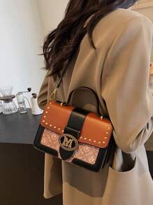 New Retro Floral Contrast Pattern Rivet Inlaid Luxury Crossbody Bag, Fashion Classic Textured Small Square Bag, High-End Elegant Minimalist Shoulder Bag, Work Bag - Multicolor - View 4