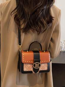 New Retro Floral Contrast Pattern Rivet Inlaid Luxury Crossbody Bag, Fashion Classic Textured Small Square Bag, High-End Elegant Minimalist Shoulder Bag, Work Bag - Multicolor - View 6