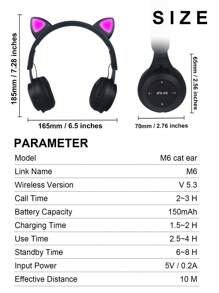 新款猫耳无线耳机，渐变色可爱女士耳机，情人节/圣诞节/新年礼物，带卡槽，可折叠，迷你马卡龙，节日礼物无线耳机 - 黑色 - 查看 7