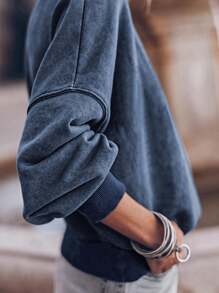 Boho Retro 60's Cotton Mix  Drop Shoulder Mineral Acid Washed Oversized Mock Neck Dolman T Shirt Top  Sweat Shirt - 藍色 - 查看 2