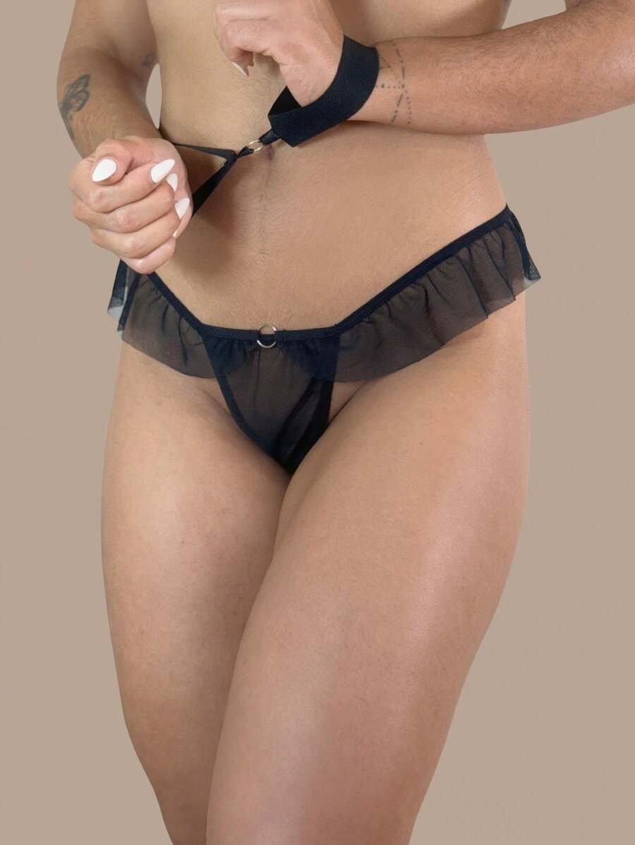 Thong Panties + Elastic Handcuffs Sensual Tulle With Accessory Sexy Lingerie Bride Honeymoon Boyfriends - 黑色 - 查看 1