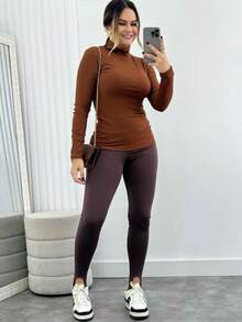 High-Waisted Flannel Leggings, Winter, Comfortable Day-To-Day Wear For All Occasions - Màu nâu  Mocha - Xem 2