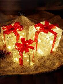 Set Of 3 Christmas 60 LED Lighted Gift Boxes, Transparent Warm White Lighted Christmas Box Decor, Presents Boxes With Red Bows For Christmas Tree, Yard, Home, Christmas Decorations