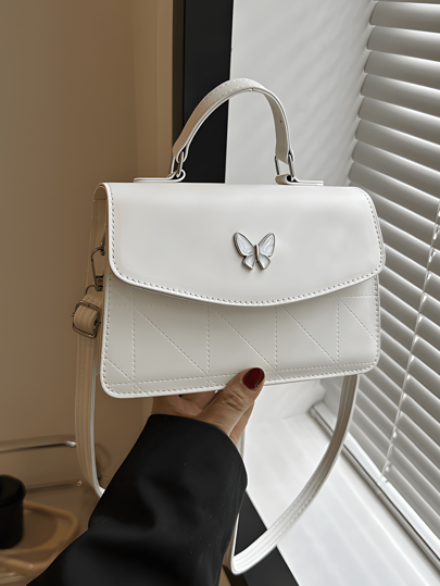 Bolso bandolera con solapa y costura simple de poliuretano con diseño de lazo, Bolsos de Asas de Mujer,Bolso cuadrado cruzado de un solo hombro con lazo y solapa de costura simple de Pu de color sólido para mujer,adecuado para desplazamientos diarios, compras, viajes, excursiones, fiestas, como regalo para amigas, cumpleaños de hermanas, Sets de moda,Blanco,negro