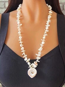 1pc White Shell Beads Decor Long Sweater Chain Necklace For Women - White - View 1