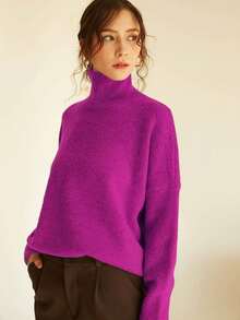 Knit Mix 女士高领宽松针织毛衣，适合秋冬季节，加厚长袖套头衫，简约复古风格，时尚百搭，适合圣诞节、新年、情人节、开学季等场合。 - 玫紅色 - 查看 4