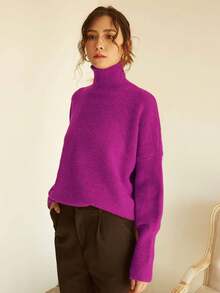 Knit Mix 女士高领宽松针织毛衣，适合秋冬季节，加厚长袖套头衫，简约复古风格，时尚百搭，适合圣诞节、新年、情人节、开学季等场合。 - 玫紅色 - 查看 5