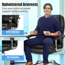 Leather Office Chair, Height Adjustable Big & Tall Executive Chair W/ Rocking Backrest, Computer Desk Chair W/Metal Base, Upgraded Padded Armrest, Swivel Task Chair W/Wide Seat, Black - Black - View 6