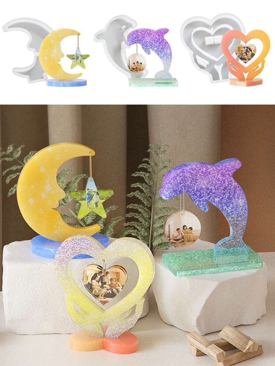 1/3 Set Stampo in silicone a forma di cuore per cornici portafoto, stampo a forma di cuore per pendente in gesso a forma di luna e delfino, pendente da appendere, stampo per gocce di colla - Bianco - Visualizzare 1