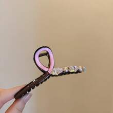 1pc Pink And Beige Color Block Rhinestone Heart Hair Claw Clip, Big Size, Vibrant Girl Style - Multicolor - View 9